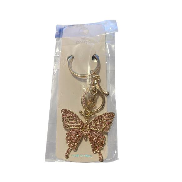 MINT BUTTERFLY KEYCHAIN GOLD PLATED WITH PINK SPARKLERS - Picture 1 of 1